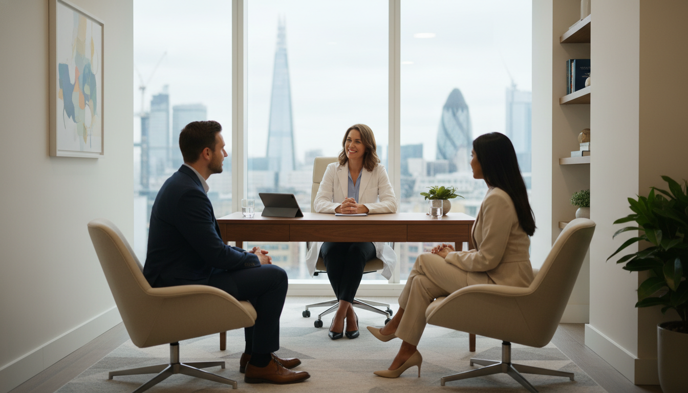 A professional and warm consultation room in a modern London private clinic, featuring a doctor in a white coat talking to a young professional expat couple, large windows showing a blurry cityscape of London in the background, high-end photography, soft natural lighting
