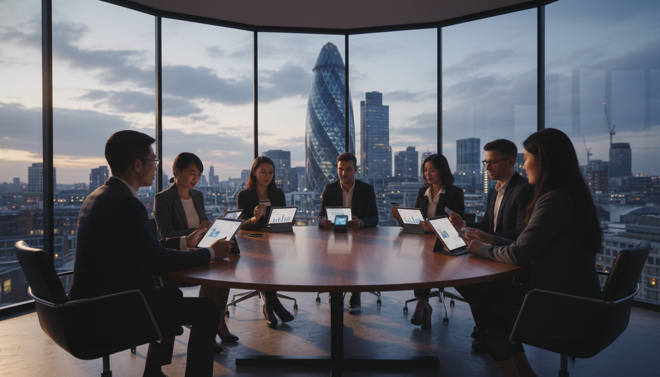 A diverse group of young entrepreneurs in a sleek, glass-walled London office overlooking the Gherkin skyscraper, using digital tablets and credit cards for business transactions, cinematic lighting, 8k resolution.