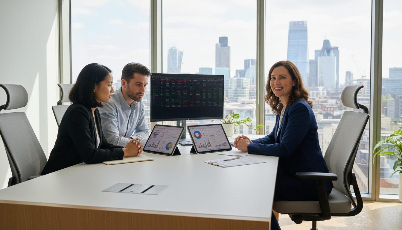 A professional financial advisor in a bright, modern London office with a view of the City skyline, sitting across a desk from a diverse expat couple. There are digital tablets and financial charts on the table, and the atmosphere is collaborative and reassuring.