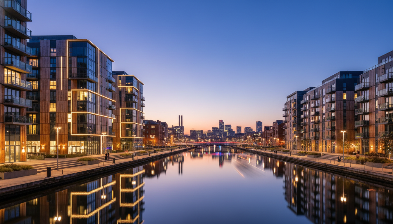 A professional architectural photograph of a sleek, modern residential development in a revitalized UK city waterfront such as Manchester's MediaCityUK or Liverpool's Docks, during the blue hour with glowing city lights reflected in the water.