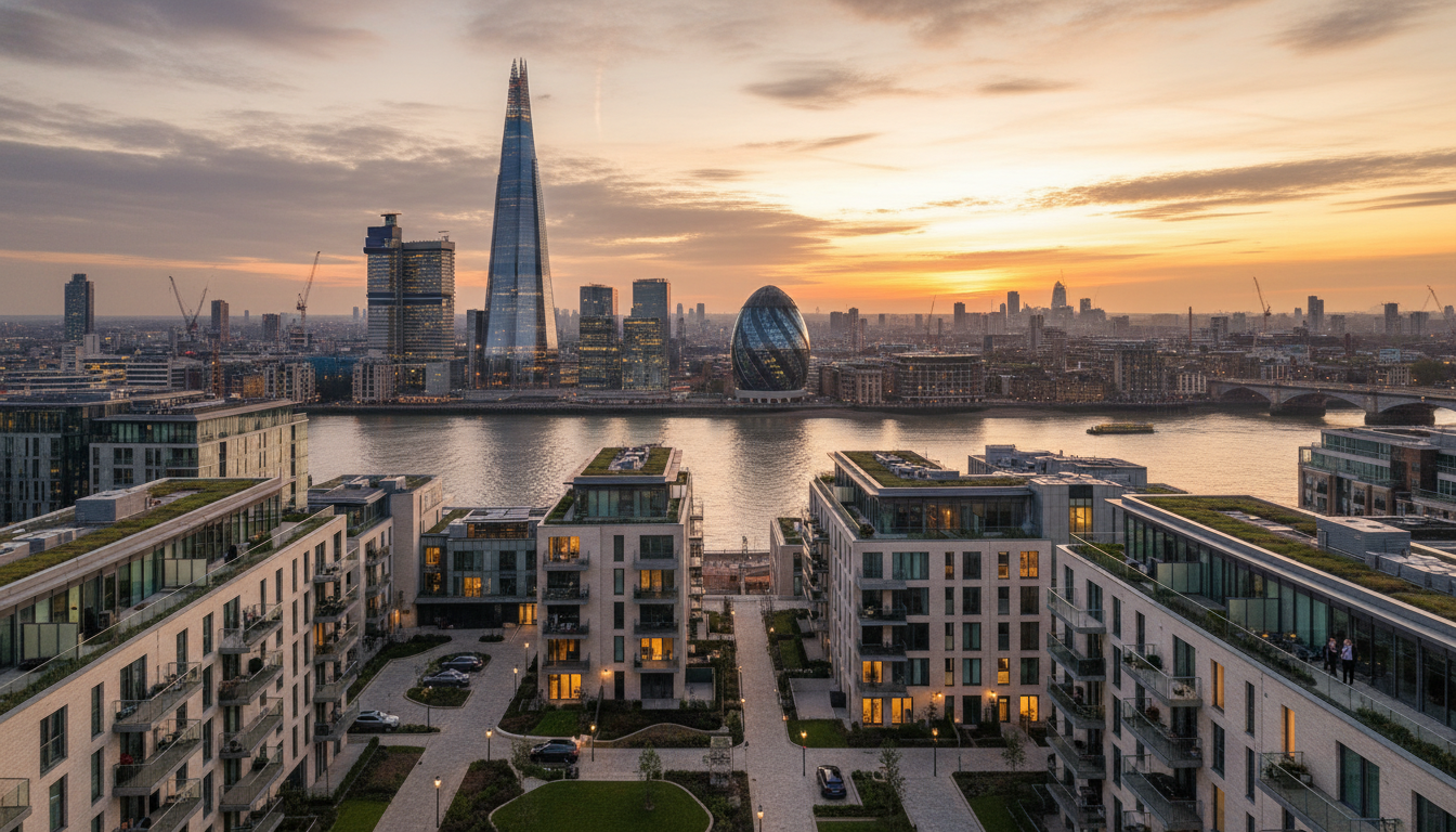 A wide-angle high-resolution shot of the London skyline at sunset, featuring the Shard and the Gherkin reflecting on the Thames, with modern residential buildings in the foreground, representing luxury real estate and financial growth.