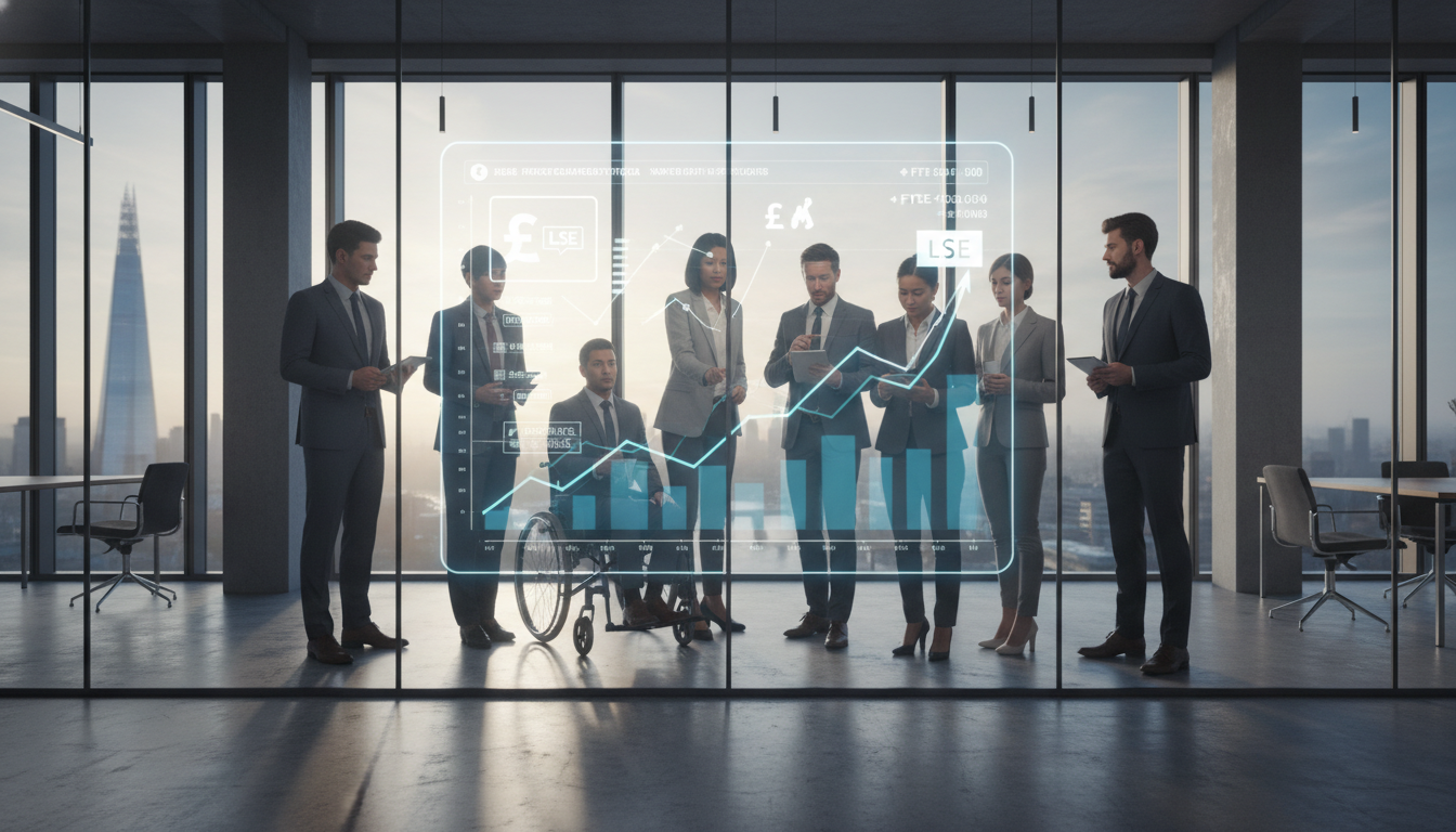 A diverse group of professional entrepreneurs in a modern London glass office looking at a digital screen displaying growth charts and UK financial symbols, high-quality photography, soft morning light, professional atmosphere.