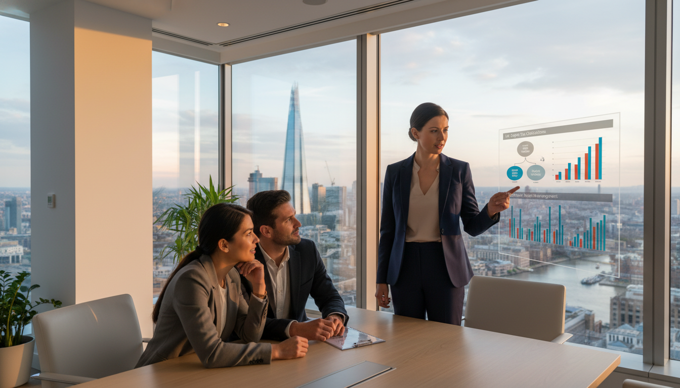 A professional financial advisor in a bright, modern London office explaining complex tax charts to an expat couple, with a view of the Shard in the background, soft natural lighting, high-quality photography.