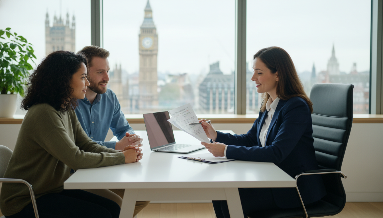 A professional female accountant in a bright, modern London office showing tax documents to a diverse expat couple, with the Big Ben and Westminster visible through the window in a soft-focus background, professional photography style, high resolution