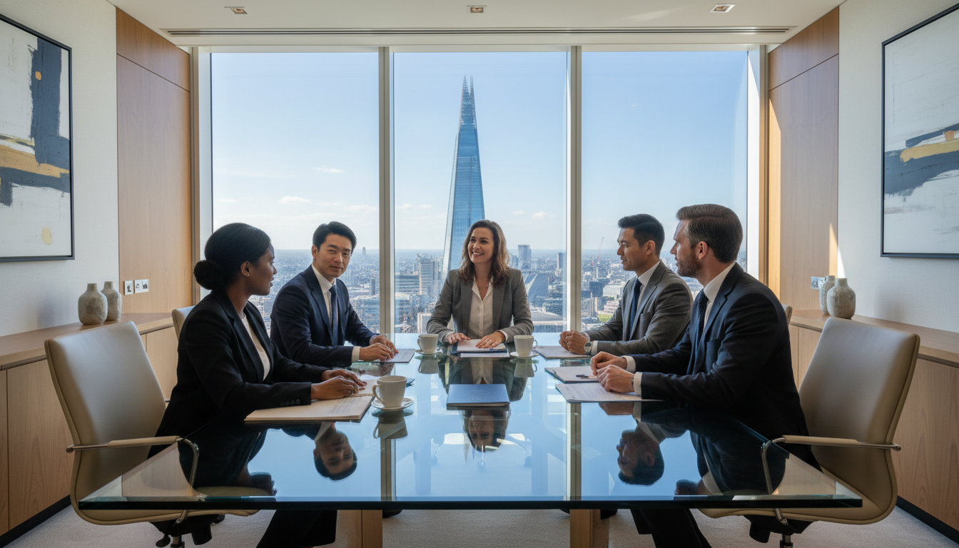 A professional modern law office in London with a view of the Shard through the window. A diverse group of professional lawyers are sitting around a glass table, discussing visa documents with an expat client who looks relieved and hopeful. The setting is bright, high-end, and professional.