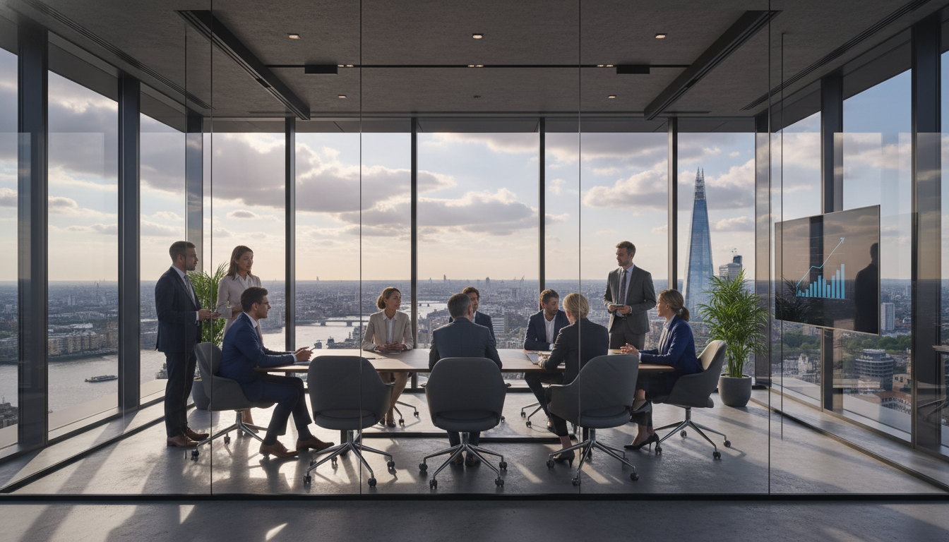 A high-end, professional office setting in London overlooking the Thames, featuring a diverse group of business people in a meeting room with glass walls and modern architecture.