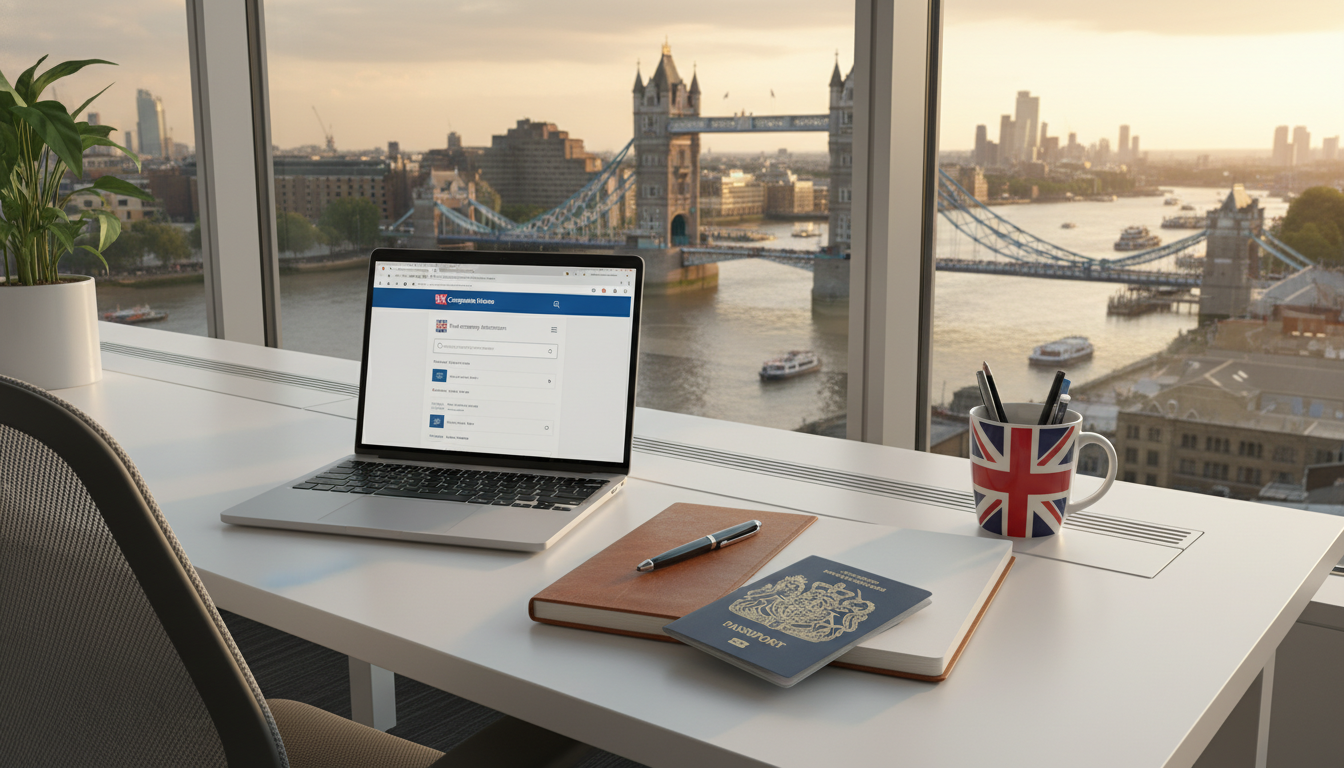 A high-quality, professional photography of a modern office desk in a London skyscraper. On the desk is a sleek laptop displaying the Companies House website, a leather-bound notebook, and a British passport. Through the large glass window, the iconic Tower Bridge and the River Thames are visible under a soft sunset sky.